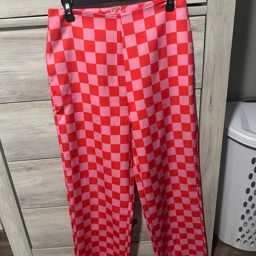 checkered pants red and pink